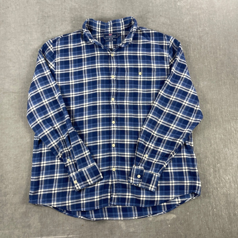 Vineyard Vines Men XL Blue Plaid Slim Longshore Cotton Linen‎ Button Down Shirt